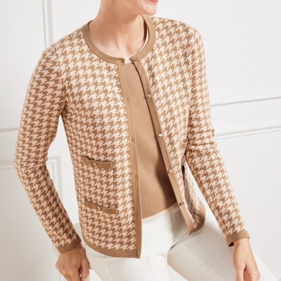 Talbots Grace Cardigan Set Size 3X Tan Houndstooth Knit Twinset Classic Preppy - Picture 1 of 15
